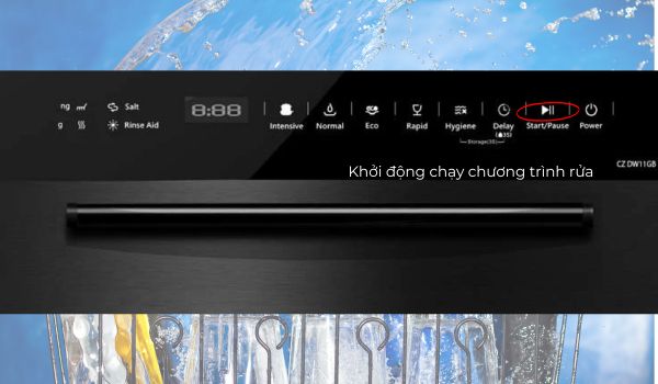 Hướng dẫn cách sử dụng máy rửa bát Canzy 6 Bước 6_ Khởi động máy,