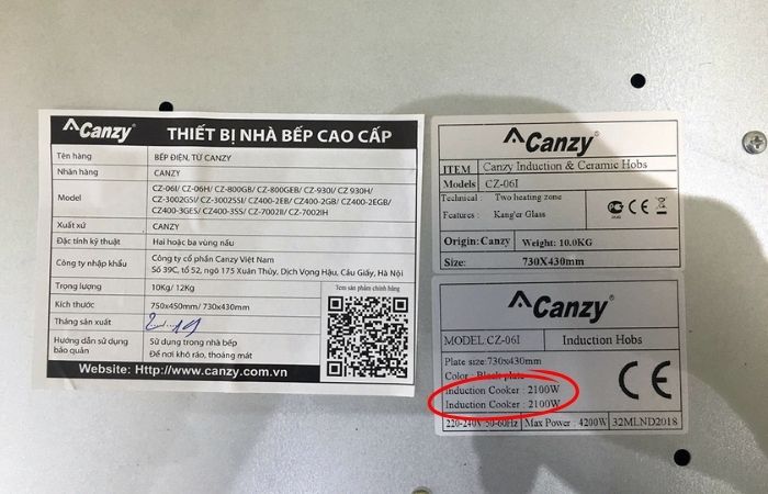 Công suất bếp từ Canzy